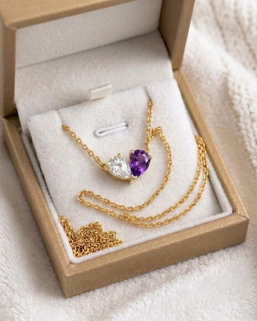 Purple Amethyst Necklace, Toi et Moi Pendant, 14K Gold, Two Stone Pendant, Pear Amethyst Moissanite Necklace, Anniversary Pendant For Gift