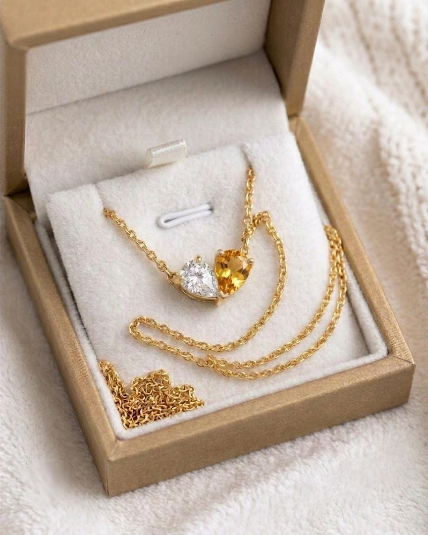 Natural Citrine Two Stone Necklace, Toi et Moi Necklace, Citrine Moissanite Pear Pendant, Bridal Jewelry, Wedding Jewelry Anniversary Gift