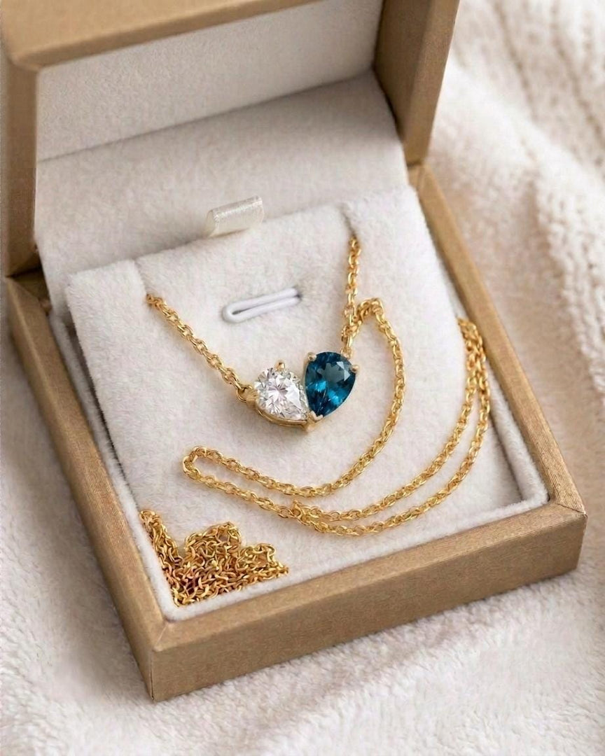 London Blue Topaz Two Stone Necklace, Toi et Moi Necklace, Blue Topaz Moissanite Pear Pendant, Bridal Jewelry, Wedding Anniversary Jewelry