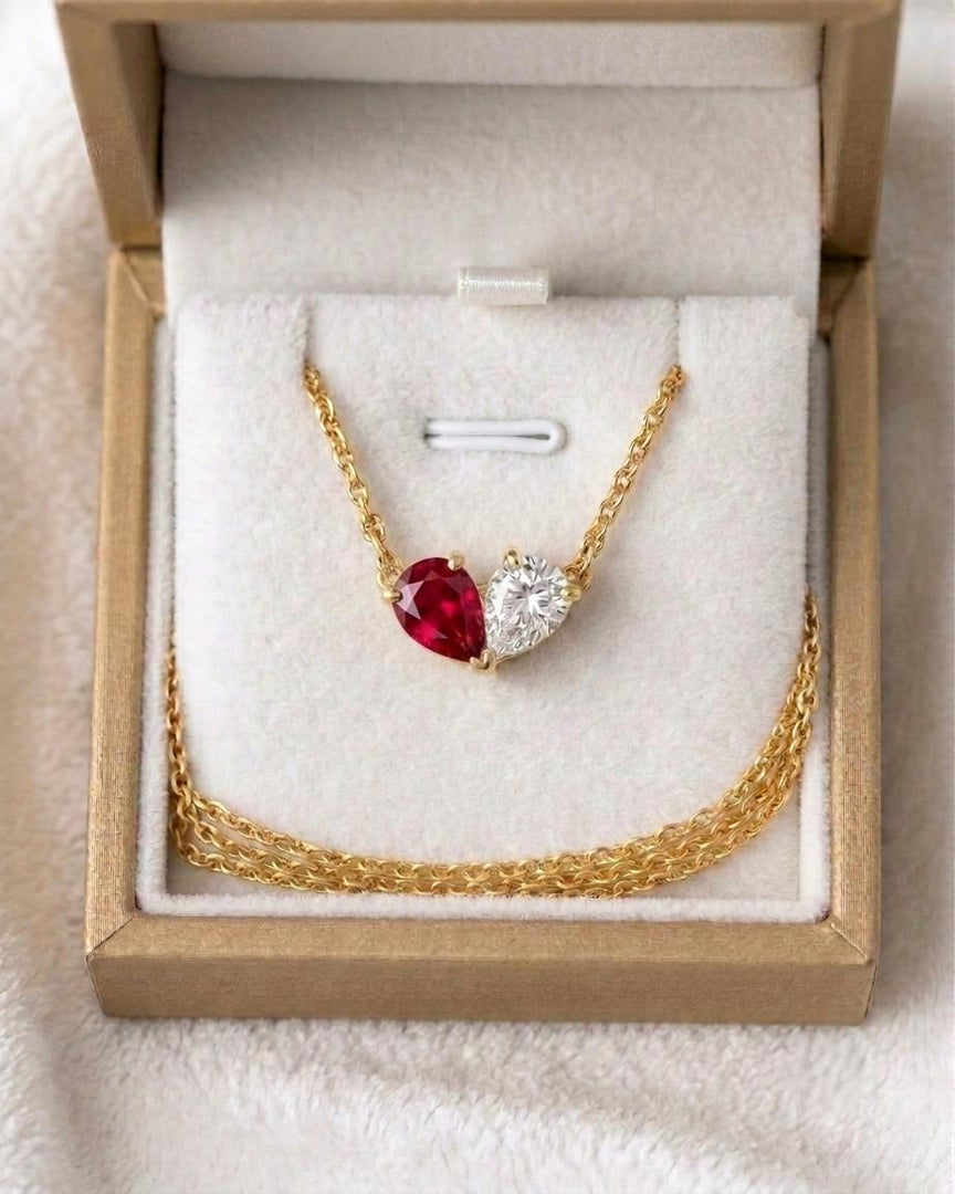 Red Ruby Necklace, Toi et Moi Pendant, Gold Personalized, Two Stone Pendant, Ruby Moissanite Pear Necklace, Anniversary Jewelry Gift for Her