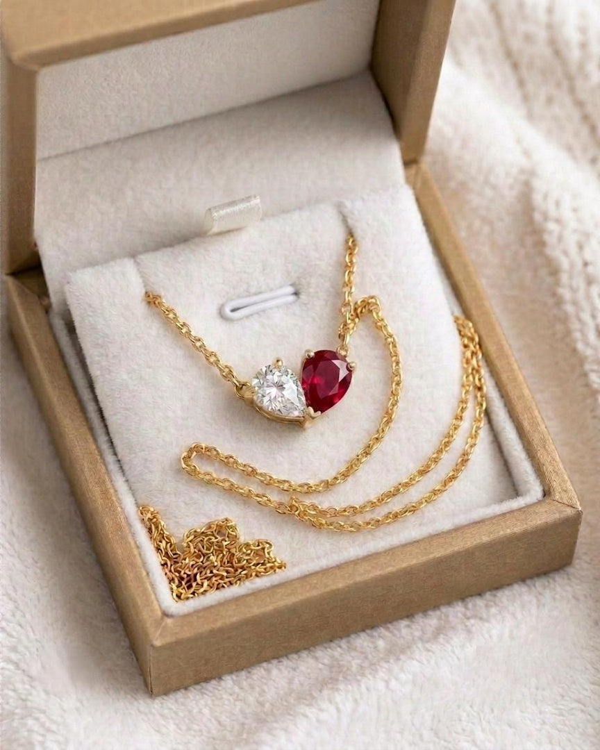 Red Ruby Necklace, Toi et Moi Pendant, Gold Personalized, Two Stone Pendant, Ruby Moissanite Pear Necklace, Anniversary Jewelry Gift for Her