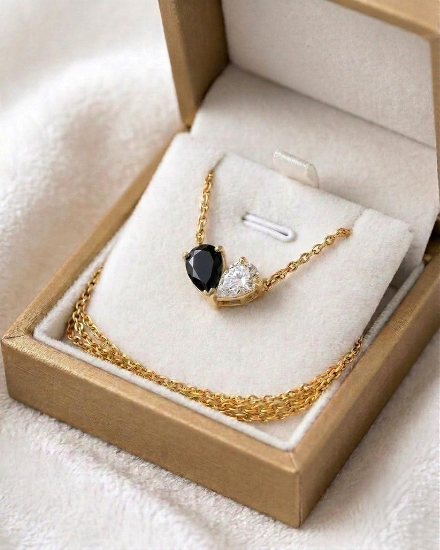 Black Onyx Necklace, Toi et Moi Pendant, 14k Gold, Two Stone Pendant, Black Onyx Moissanite Pear Necklace, Anniversary Jewelry Gift for Her