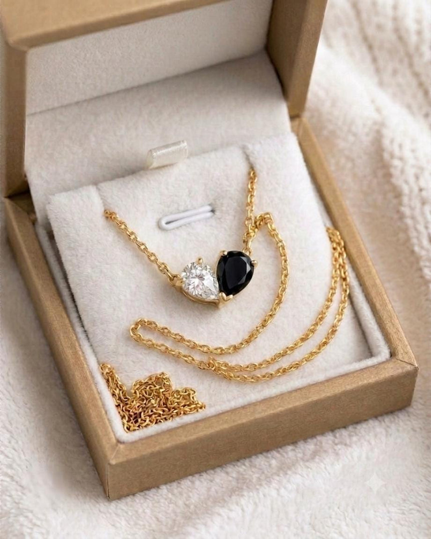Black Onyx Necklace, Toi et Moi Pendant, 14k Gold, Two Stone Pendant, Black Onyx Moissanite Pear Necklace, Anniversary Jewelry Gift for Her