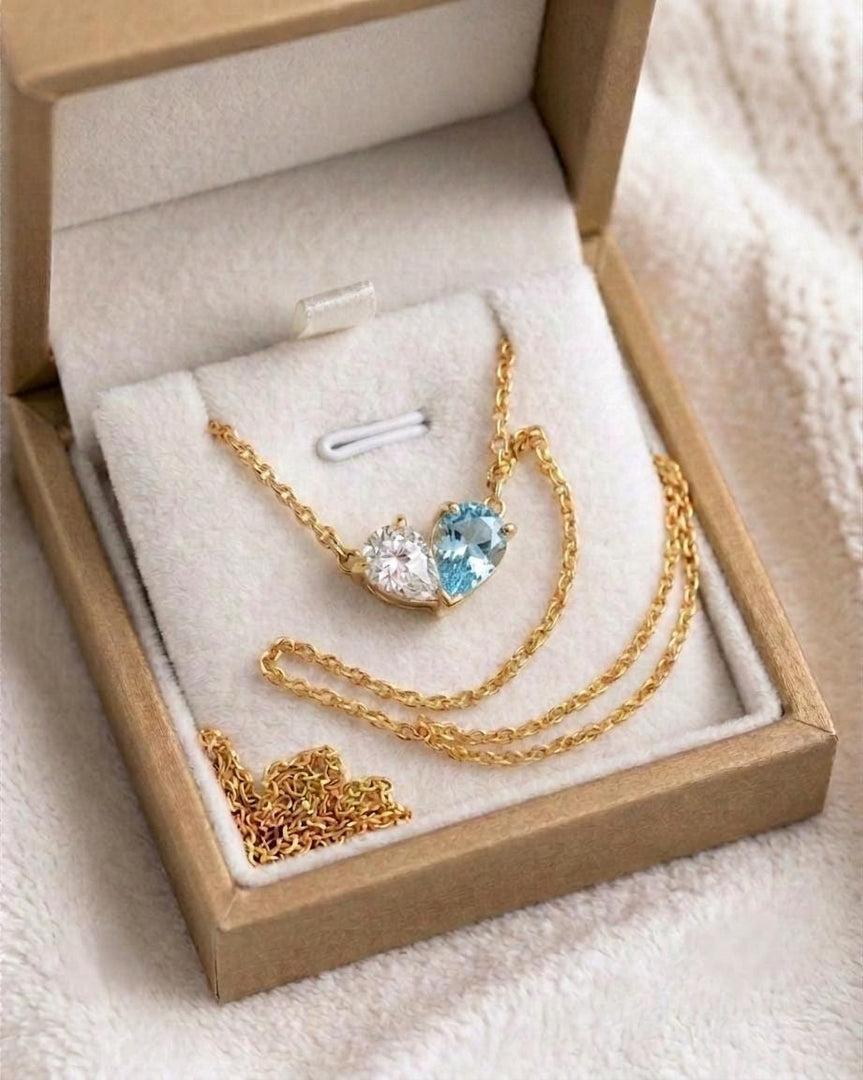 Aquamarine Two Stone Necklace, Toi et Moi Necklace, Aquamarine Moissanite Pear Pendant, Bridal Jewelry, Wedding Anniversary Jewelry For Gift