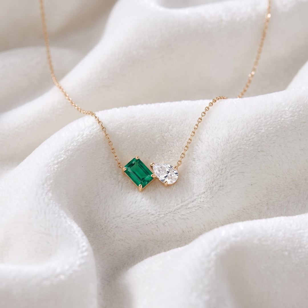 Emerald Women Necklace, Two Stone Gemstone Moissanite Pendant, Toi et Moi Necklace, Bridal Jewelry, Wedding Jewelry, Anniversary For Gift