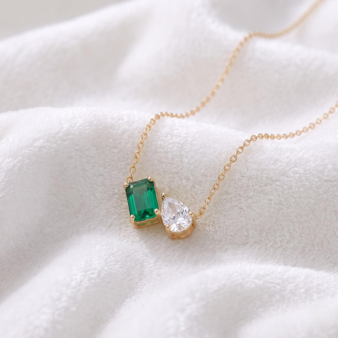 Emerald Women Necklace, Two Stone Gemstone Moissanite Pendant, Toi et Moi Necklace, Bridal Jewelry, Wedding Jewelry, Anniversary For Gift