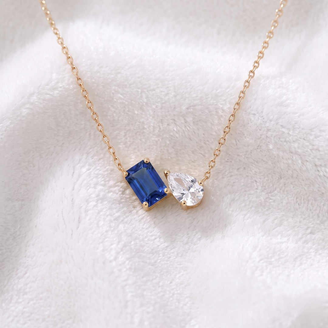 Sapphire Two Stone Necklace, Moissanite Gemstone Necklace, Toi et Moi Necklace,  Bridal Jewelry, Wedding Jewelry,  Women Necklace For Gift