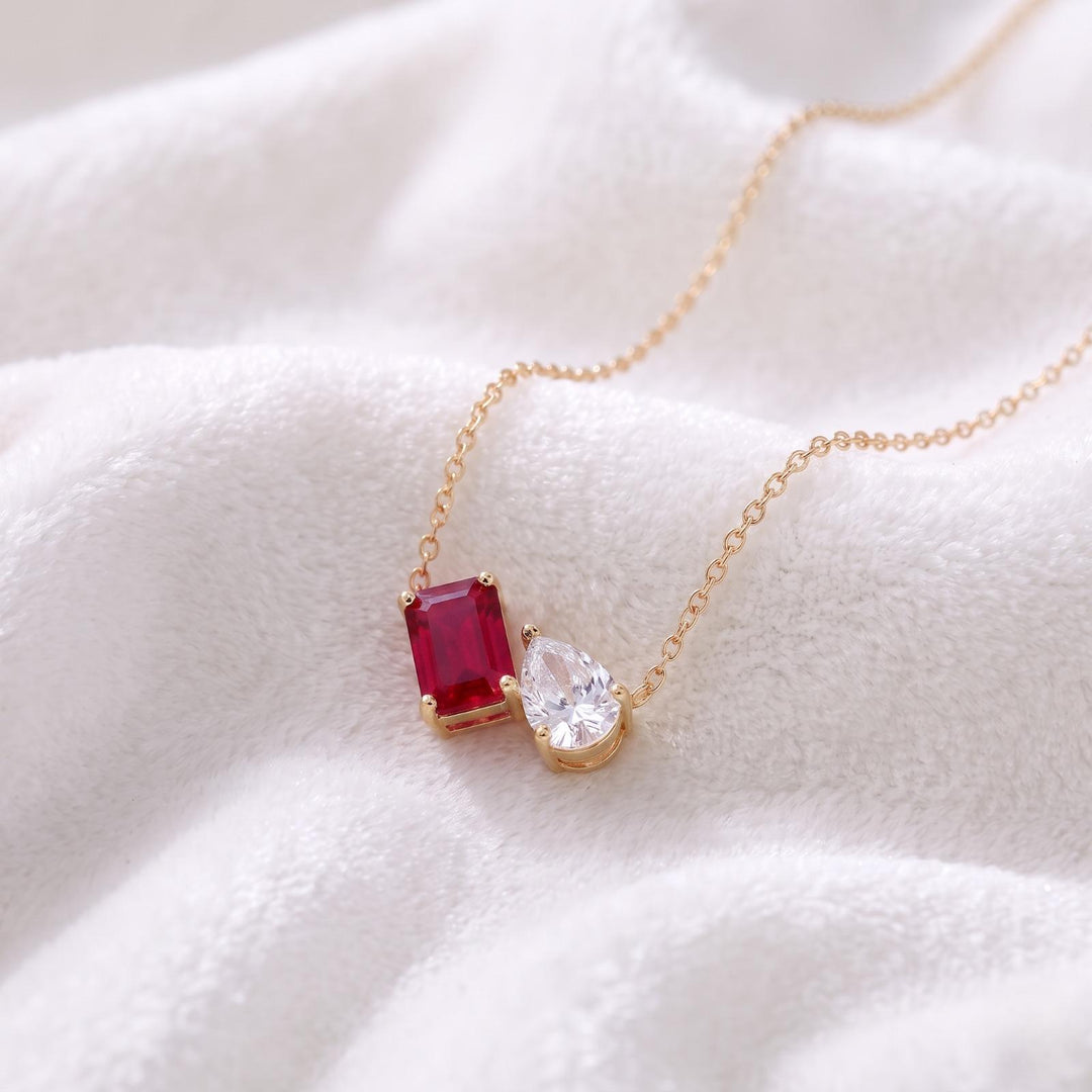 Ruby Women Necklace, Toi et Moi Pendant, 14K Gold, Emerald Cut Two Stone Pendant, Ruby Moissanite Necklace, Anniversary Jewelry Gift for Her