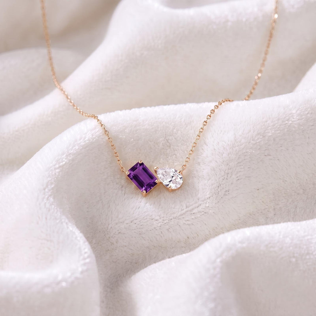 Purple Amethyst Necklace, Toi et Moi Pendant, 14K Gold, Two Stone Pendant, Emerald  Amethyst Moissanite Necklace, Anniversary Pendant Gift