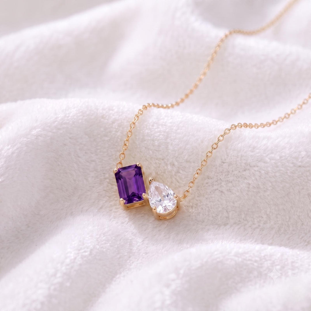 Purple Amethyst Necklace, Toi et Moi Pendant, 14K Gold, Two Stone Pendant, Emerald  Amethyst Moissanite Necklace, Anniversary Pendant Gift
