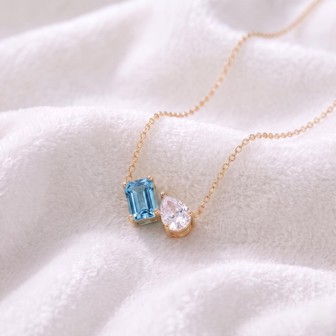 Aquamarine Two Stone Necklace, Blue Gemstone Necklace, Moissanite Toi et Moi Necklace Pendant, Bridal Jewelry, Wedding Anniversary Jewelry
