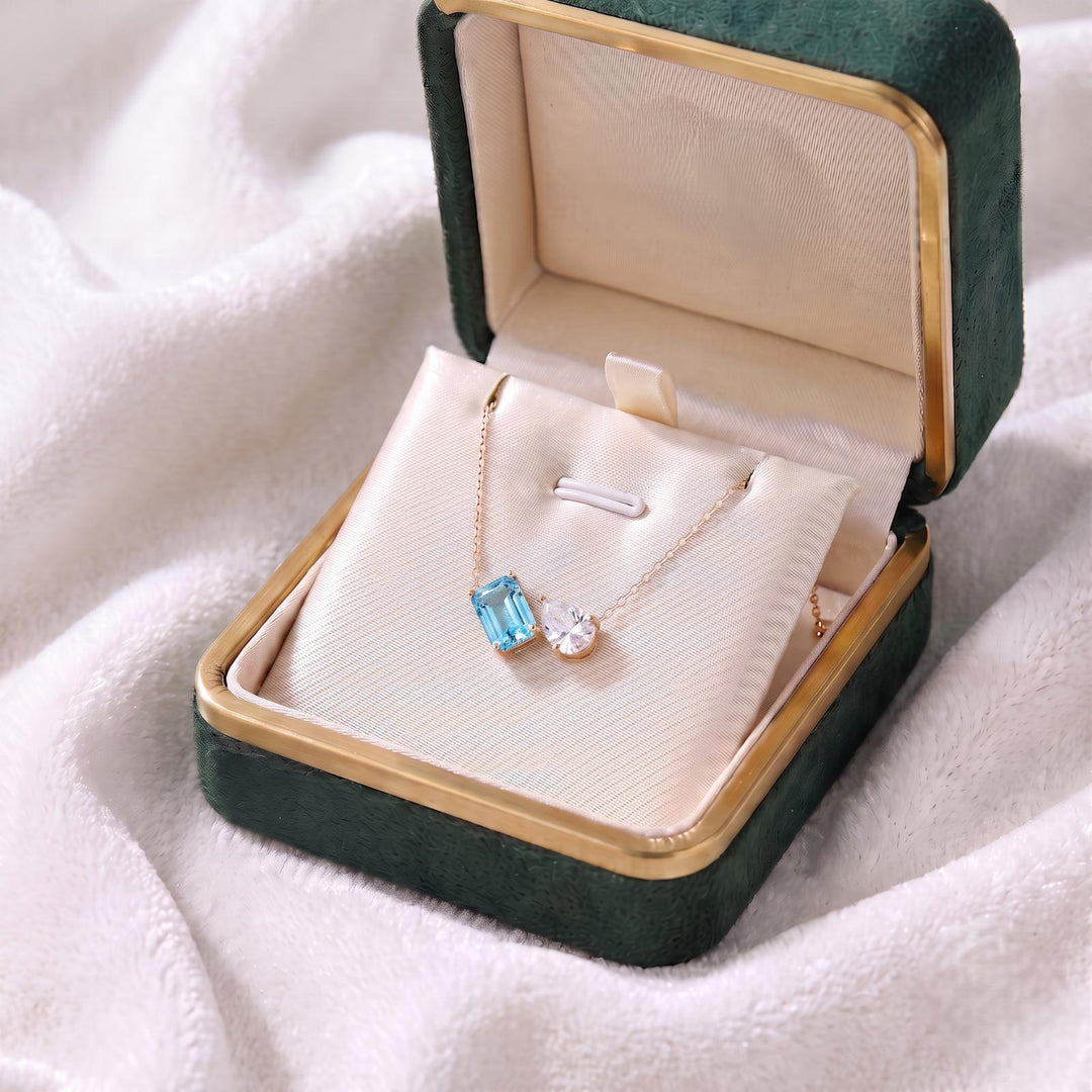 Aquamarine Two Stone Necklace, Blue Gemstone Necklace, Moissanite Toi et Moi Necklace Pendant, Bridal Jewelry, Wedding Anniversary Jewelry