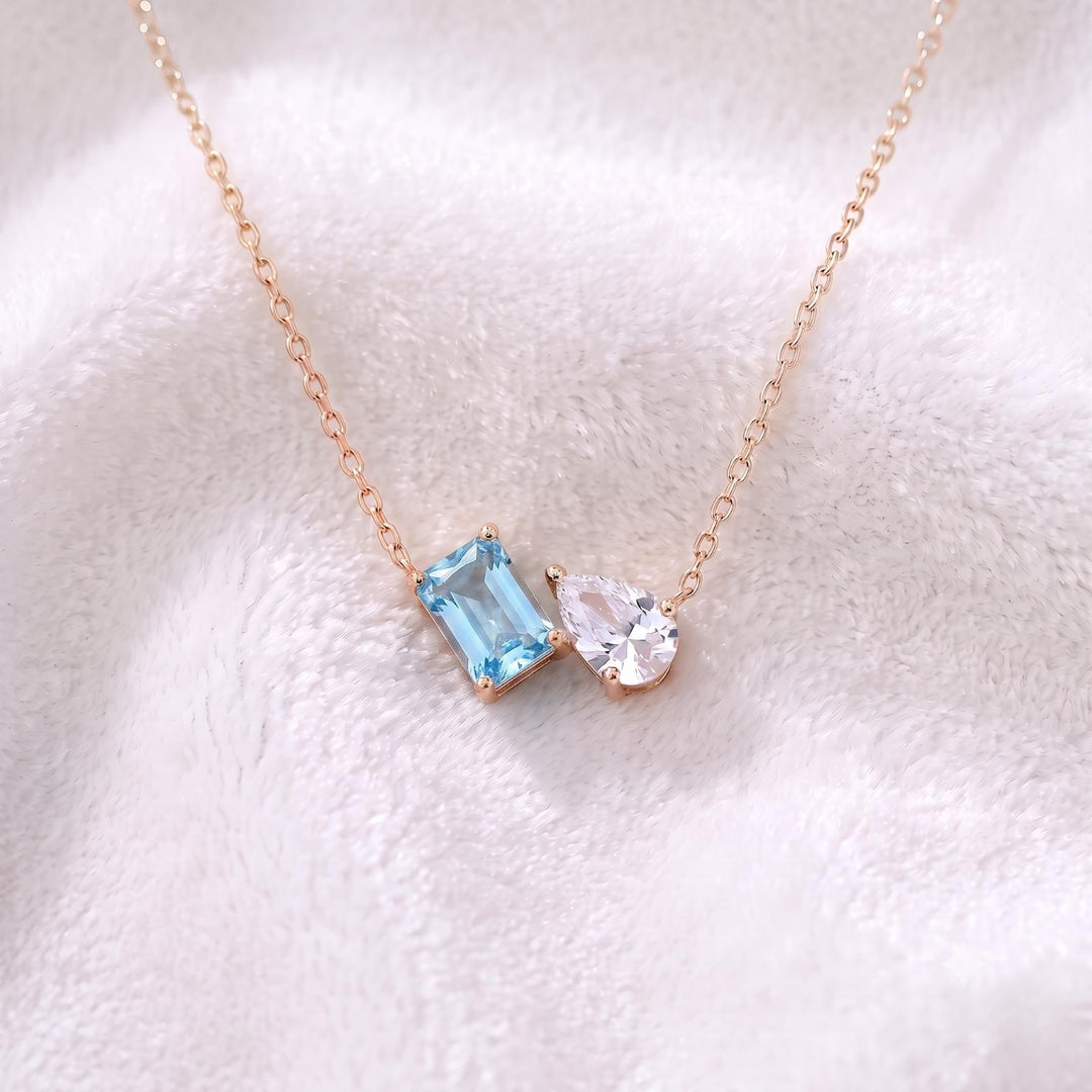 Aquamarine Two Stone Necklace, Blue Gemstone Necklace, Moissanite Toi et Moi Necklace Pendant, Bridal Jewelry, Wedding Anniversary Jewelry