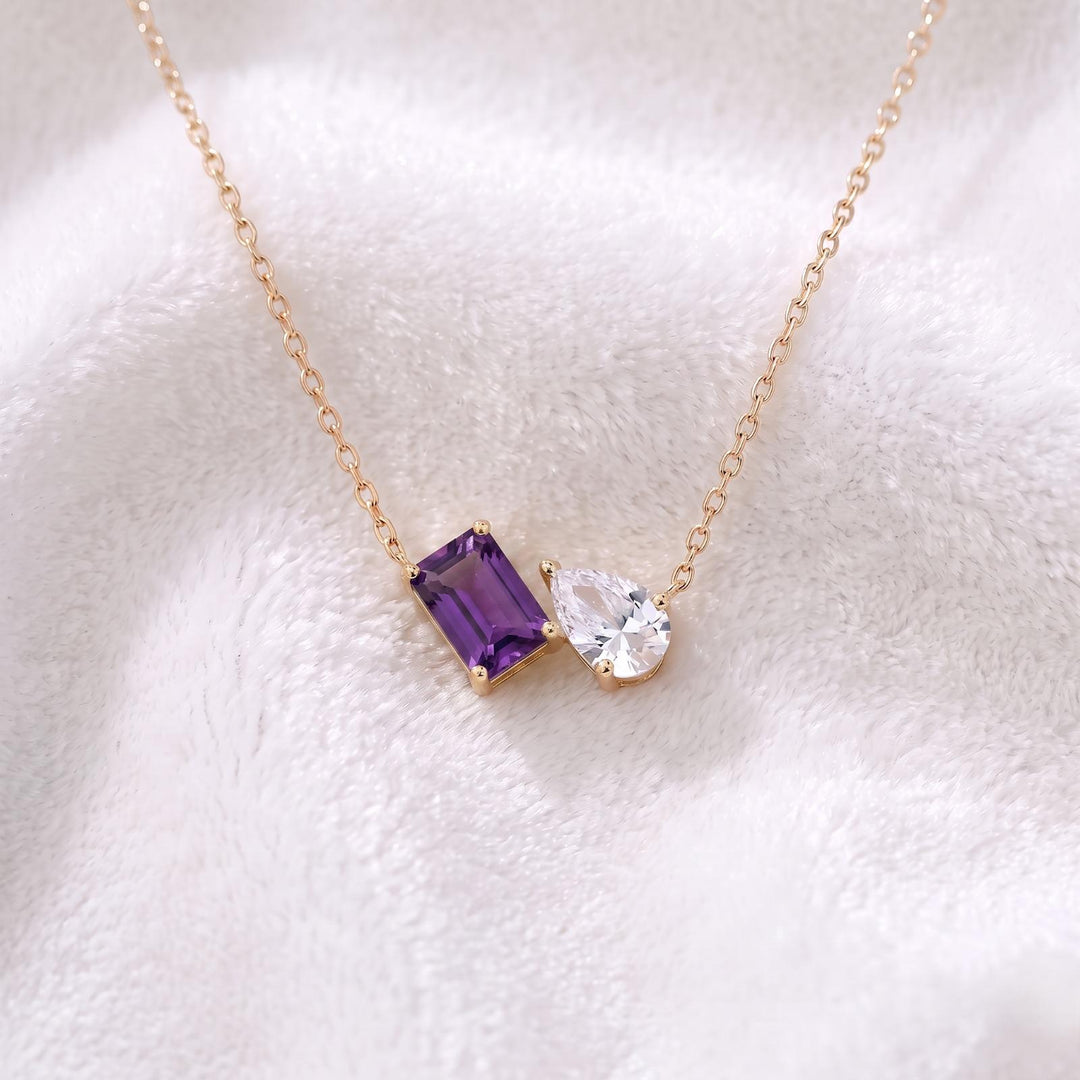 Purple Amethyst Necklace, Toi et Moi Pendant, 14K Gold, Two Stone Pendant, Emerald  Amethyst Moissanite Necklace, Anniversary Pendant Gift