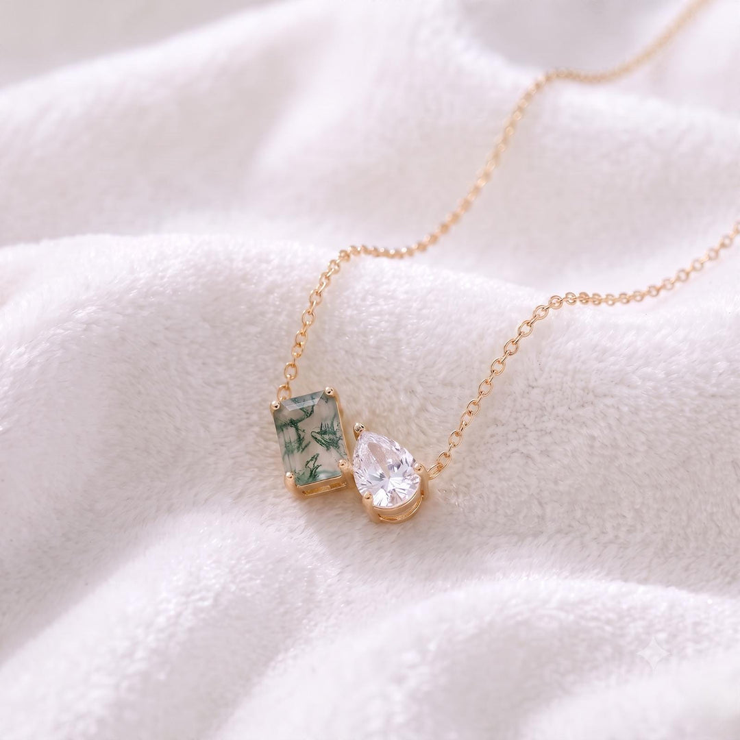 Natural Moss Agate Two Stone Necklace, Toi et Moi Necklace, Moss Agate Moissanite Pear Pendant, Bridal Jewelry, Wedding Anniversary Jewelry