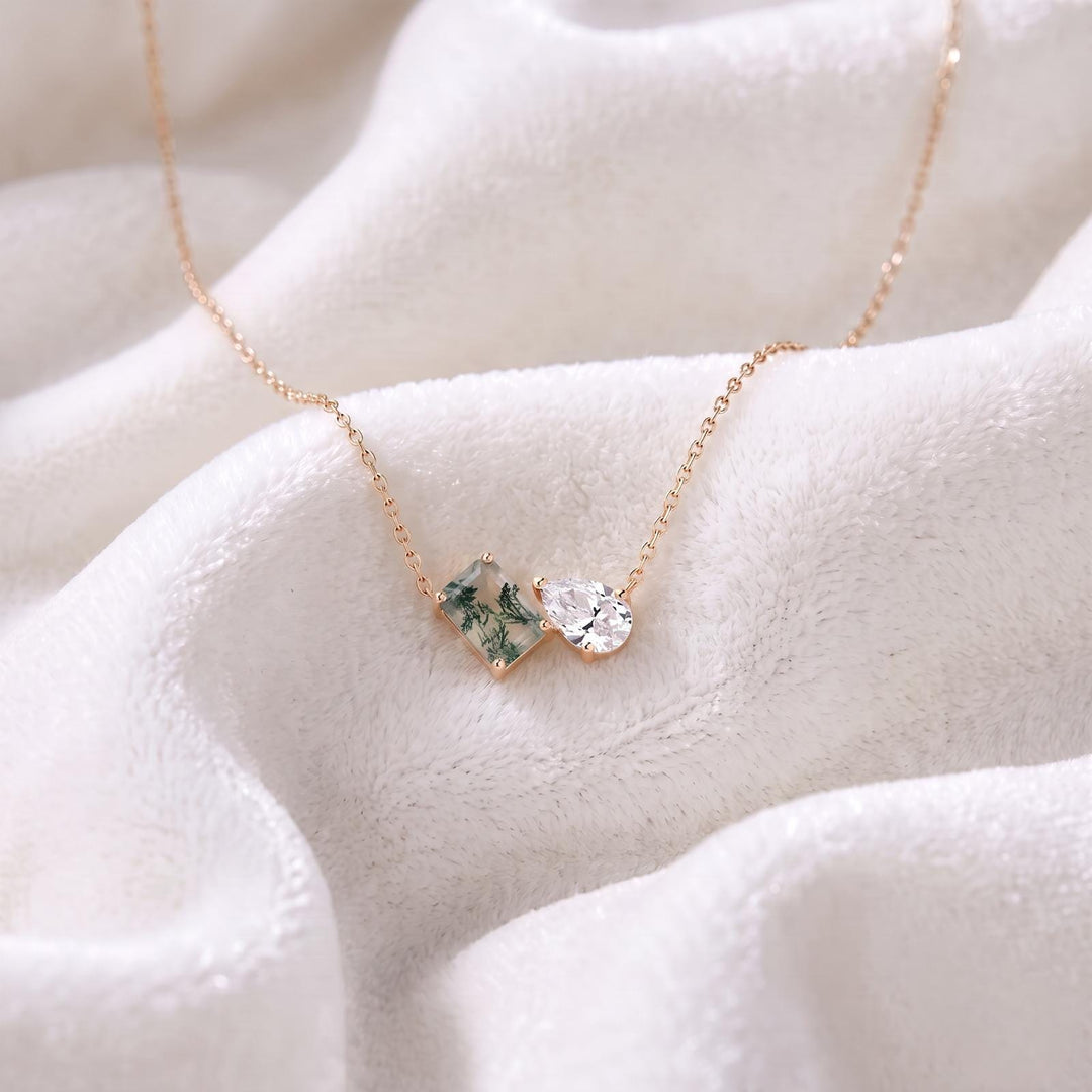 Natural Moss Agate Two Stone Necklace, Toi et Moi Necklace, Moss Agate Moissanite Pear Pendant, Bridal Jewelry, Wedding Anniversary Jewelry