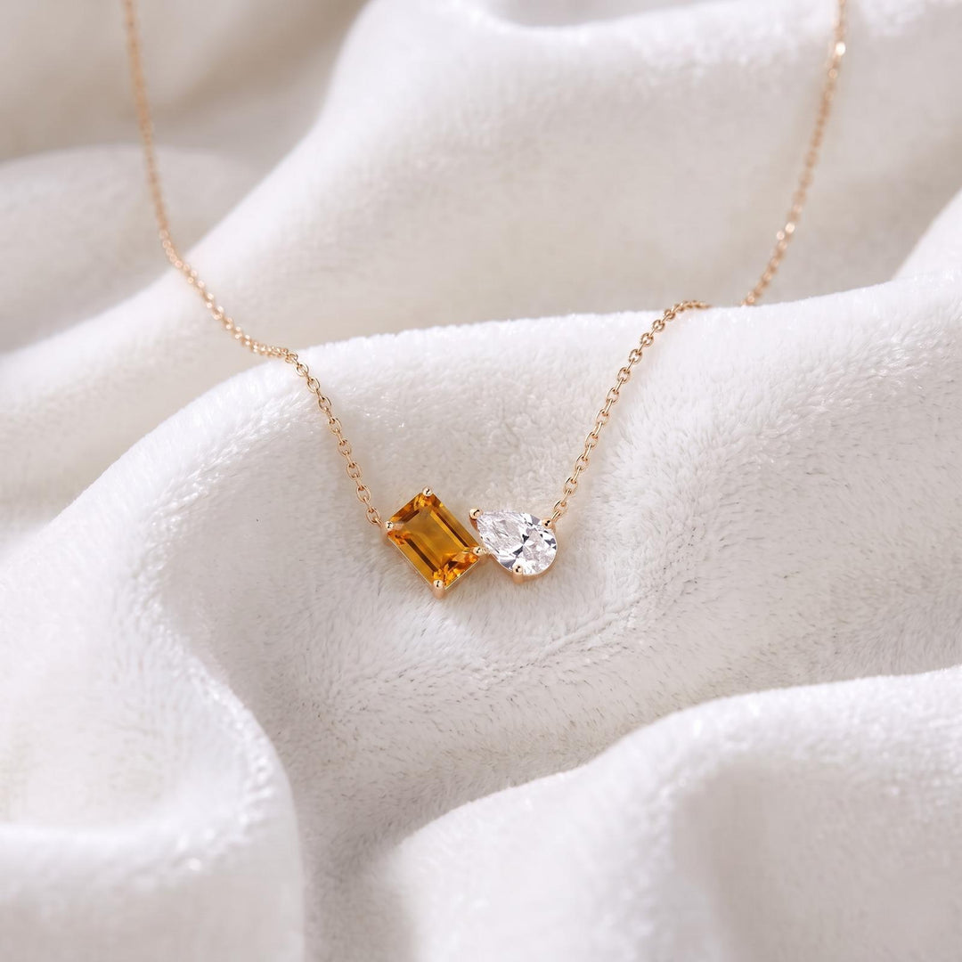 Citrine Women Necklace, Emerald Cut Necklace, Moissanite Two Gemstone Necklace, Lovers Couple  Pendant, Wedding Jewelry Anniversary For Gift