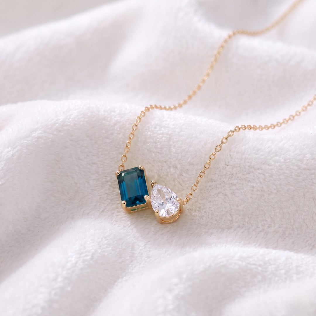 London Blue Topaz Two Stone Necklace, Toi et Moi Necklace, Blue Topaz Moissanite Pear Pendant, Bridal Jewelry, Wedding Anniversary Necklace