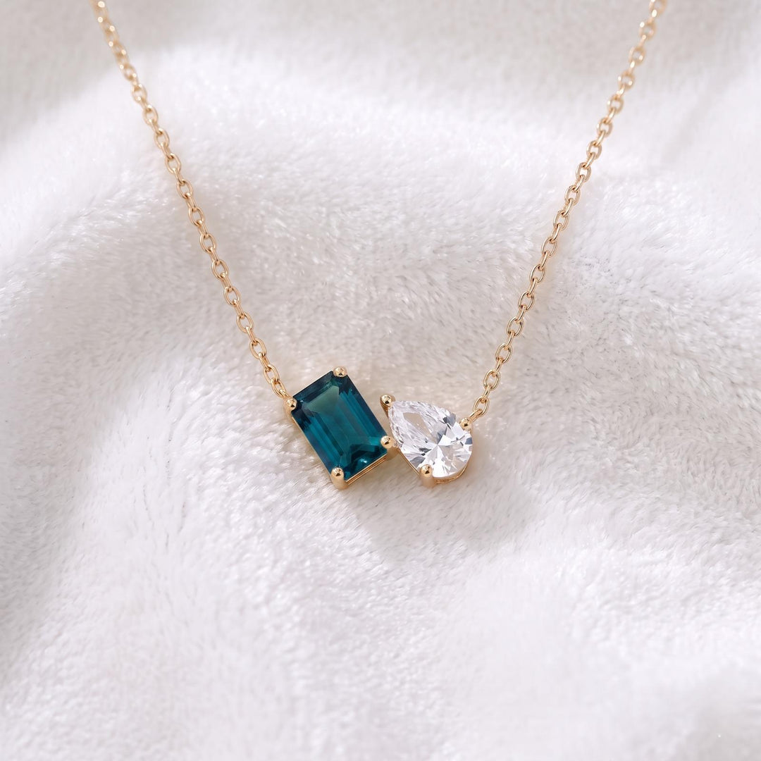 London Blue Topaz Two Stone Necklace, Toi et Moi Necklace, Blue Topaz Moissanite Pear Pendant, Bridal Jewelry, Wedding Anniversary Necklace