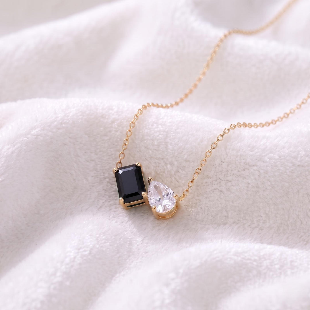 Black Onyx Necklace, Toi et Moi Pendant, 14k Gold, Two Stone Necklace, Black Onyx Moissanite Pear Pendant, Anniversary Jewelry Gift for Her