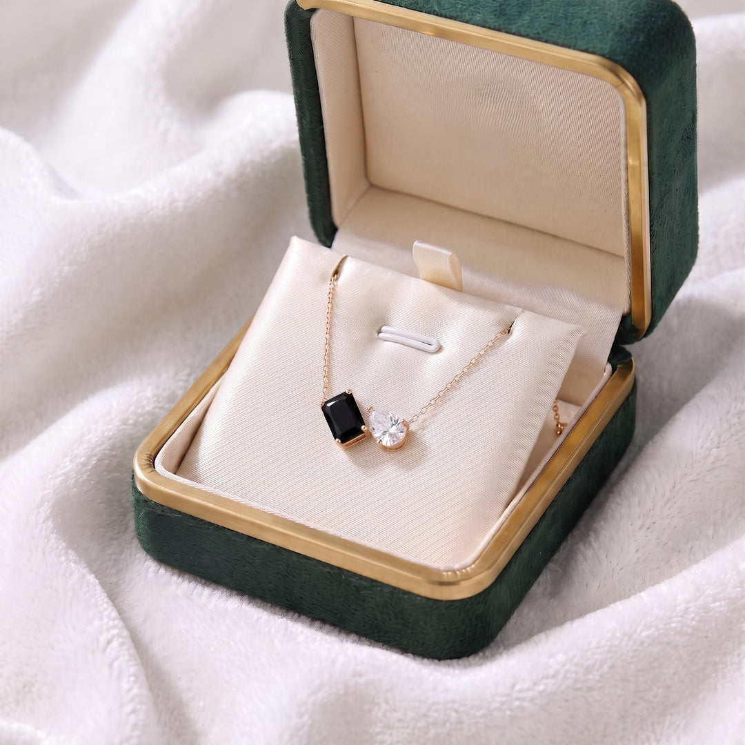Black Onyx Necklace, Toi et Moi Pendant, 14k Gold, Two Stone Necklace, Black Onyx Moissanite Pear Pendant, Anniversary Jewelry Gift for Her