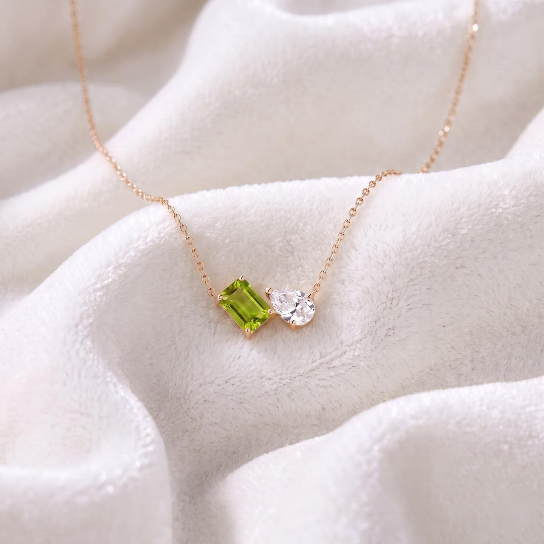 Peridot Women Necklace, Toi et Moi Pendant, Gold Personalized, Two Stone Pendant, Peridot Pear Moissanite Necklace, Anniversary Gift for Her