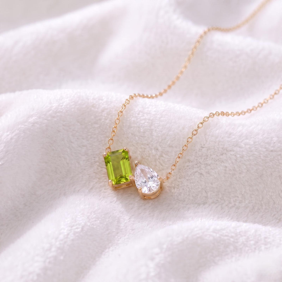 Peridot Women Necklace, Toi et Moi Pendant, Gold Personalized, Two Stone Pendant, Peridot Pear Moissanite Necklace, Anniversary Gift for Her