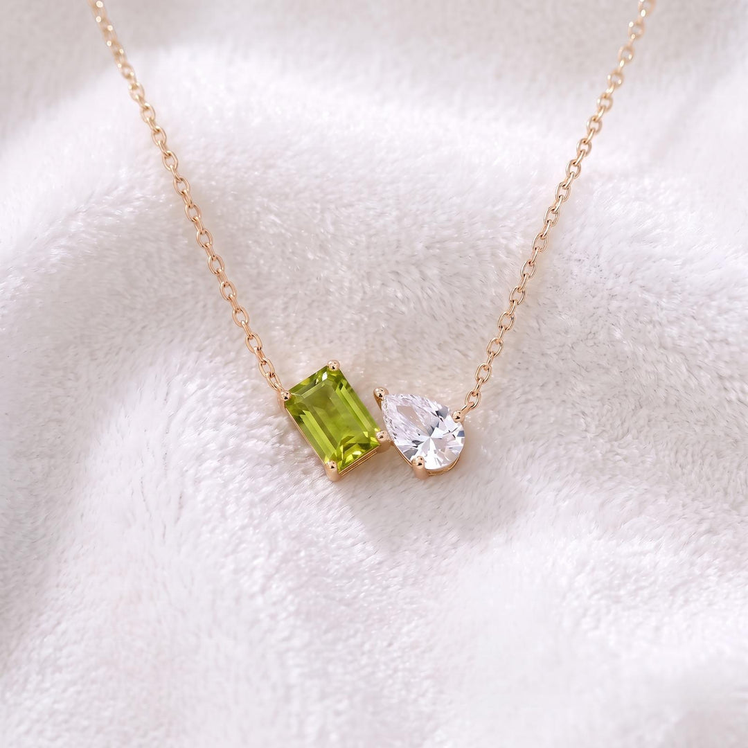 Peridot Women Necklace, Toi et Moi Pendant, Gold Personalized, Two Stone Pendant, Peridot Pear Moissanite Necklace, Anniversary Gift for Her