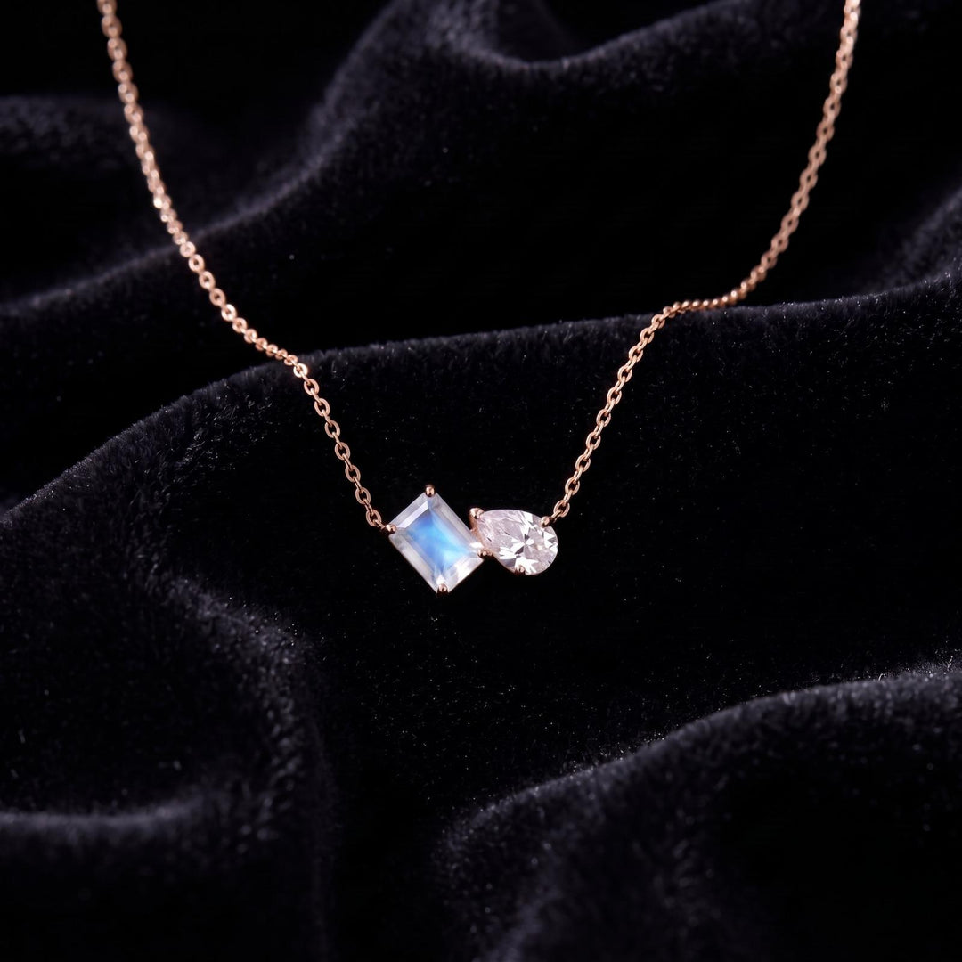 Moonstone Women Necklace, Moissanite Toi et Moi Necklace, Emerald Cut Pendant, Bridal Jewelry, Wedding Jewelry Anniversary Necklace For Gift
