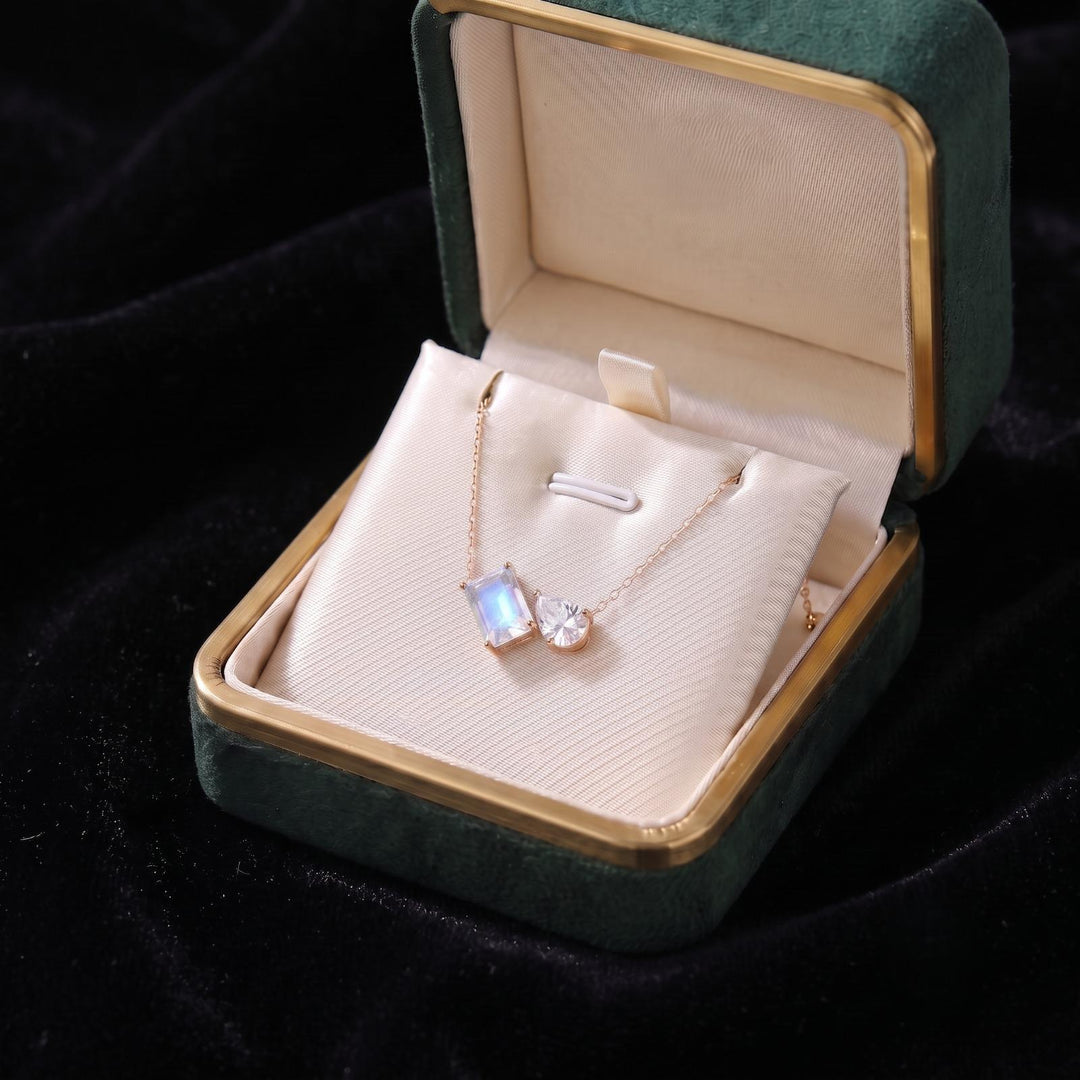Moonstone Women Necklace, Moissanite Toi et Moi Necklace, Emerald Cut Pendant, Bridal Jewelry, Wedding Jewelry Anniversary Necklace For Gift