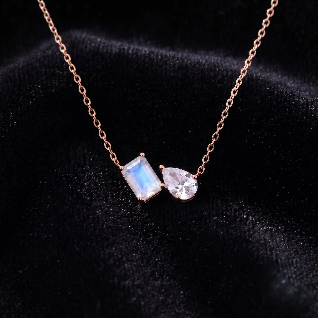 Moonstone Women Necklace, Moissanite Toi et Moi Necklace, Emerald Cut Pendant, Bridal Jewelry, Wedding Jewelry Anniversary Necklace For Gift