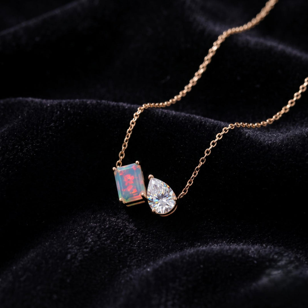 Opal Women Necklace, Moissanite Toi Et Moi Pendant, Emerald Pear Cut Necklace, Bridal Jewelry, Wedding Jewelry, Anniversary Gift For Her