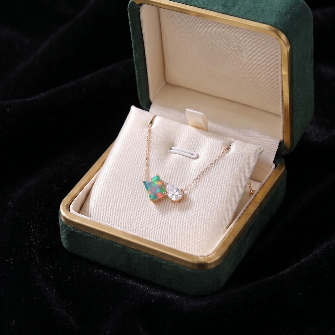 Opal Women Necklace, Moissanite Toi Et Moi Pendant, Emerald Pear Cut Necklace, Bridal Jewelry, Wedding Jewelry, Anniversary Gift For Her