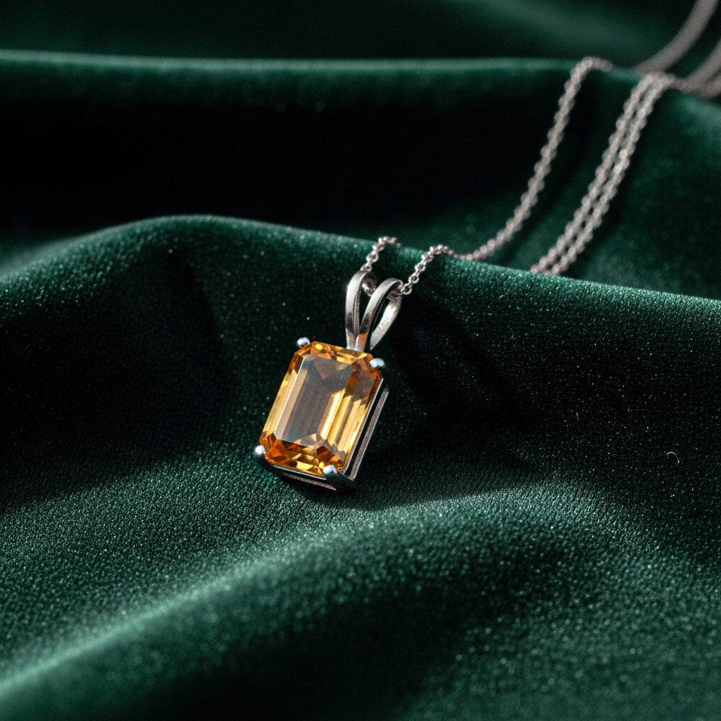 Emerald Cut Citrine Solitaire Pendant, 24K Gold Over 925 Sterling Silver